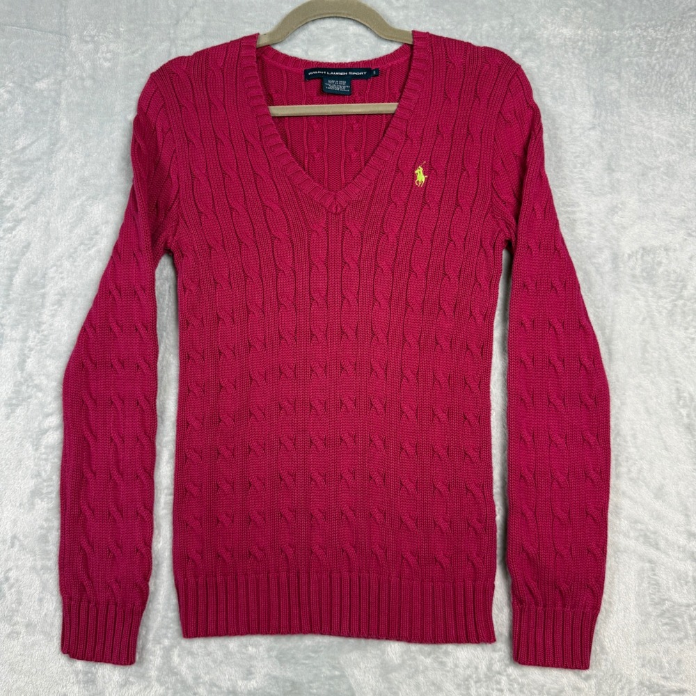 VTG Y2K Ralph Lauren Sport Cable Knit V Neck Sweater Pink Cotton Women's S